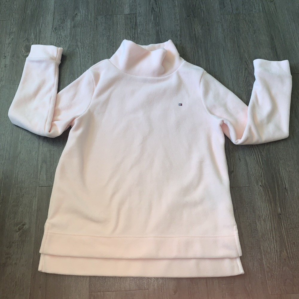 Tommy Hilfiger Women M Pastel Pink Fleece Mock Neck Pullover Sweater Logo Preppy